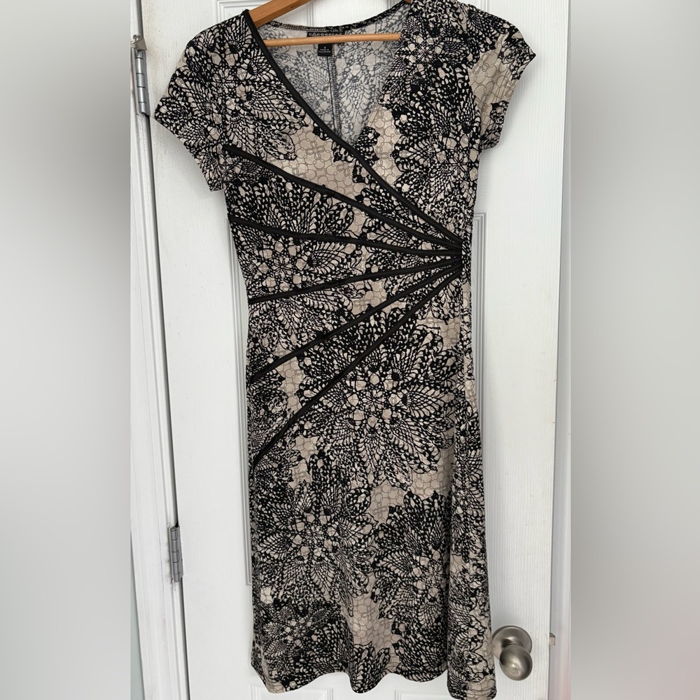 Connected Apparel Black and Cream Floral Midi Dress